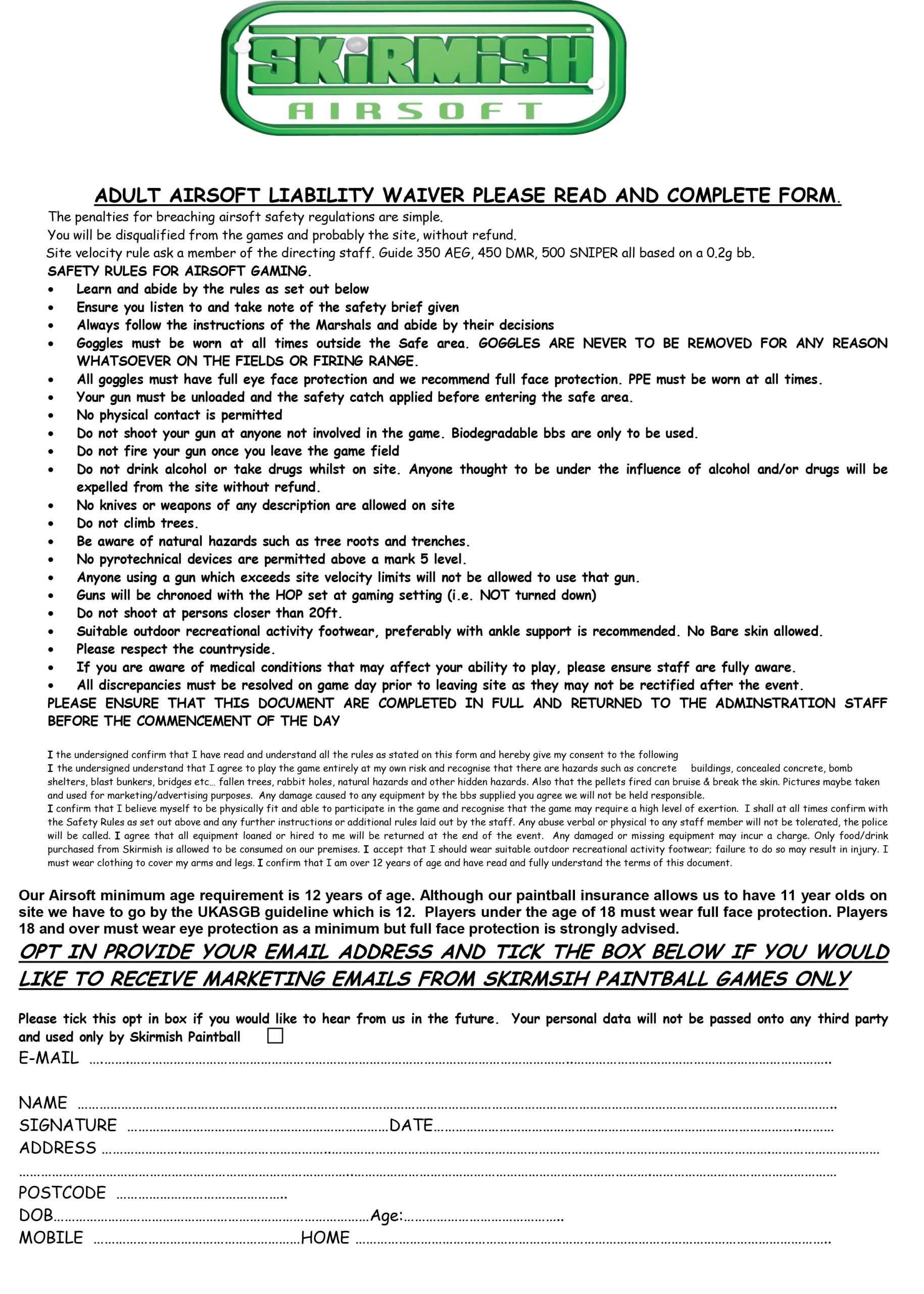 Adult Airsoft Waiver 16+
