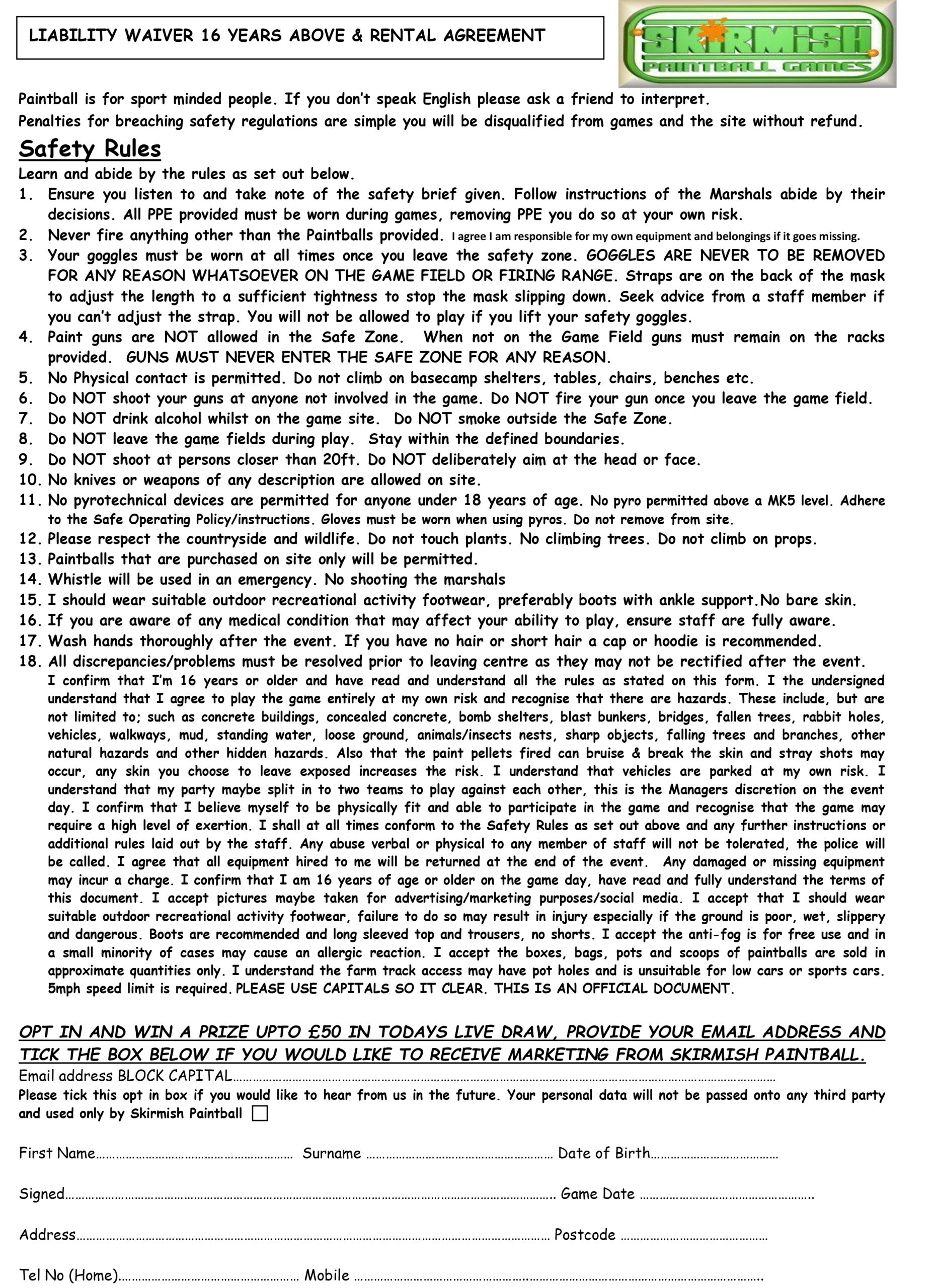 Adult Paintball Liability Waiver 16 Years +