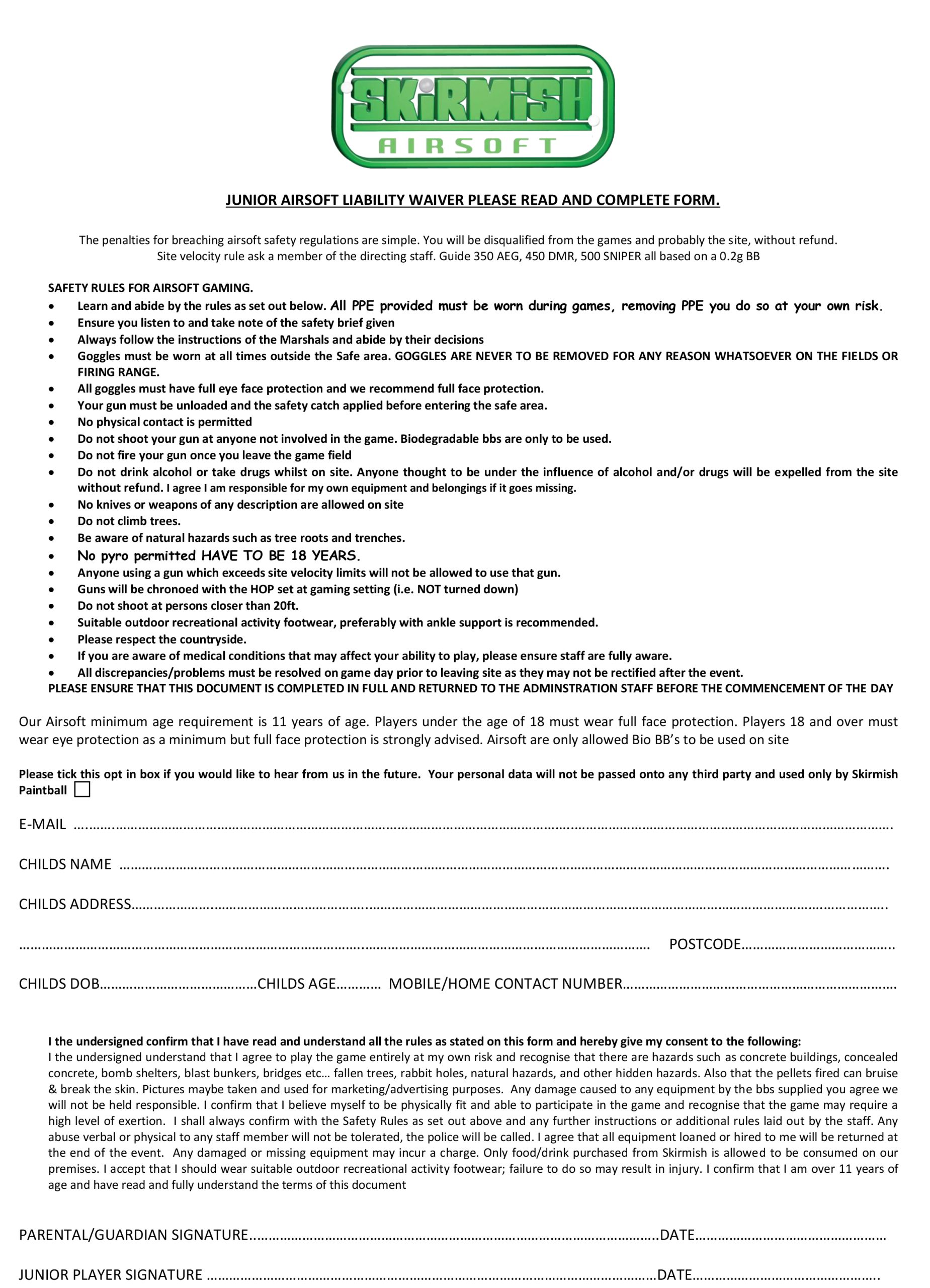 Child Airsoft Waiver 2026