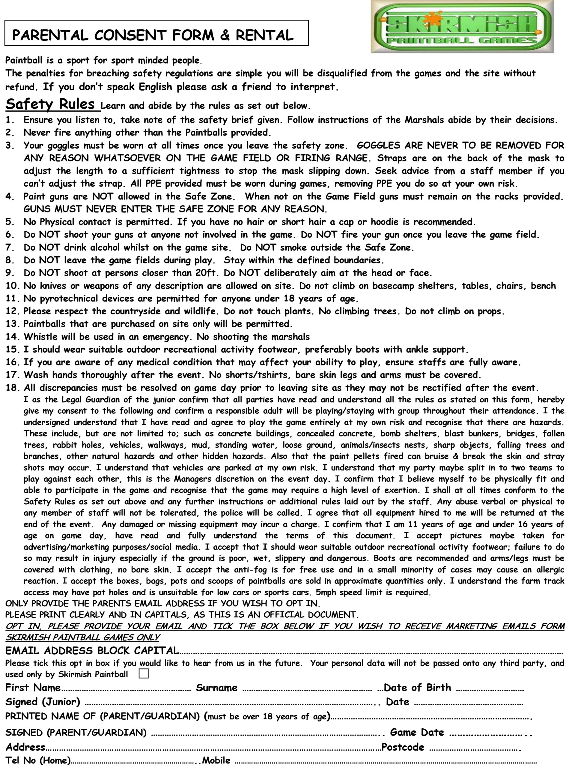 Paintball Parental Consent Forms 11+